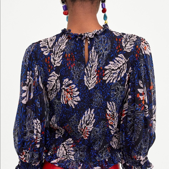 Zara Woman Smocked Blue Elastic Top - Picture 2 of 5